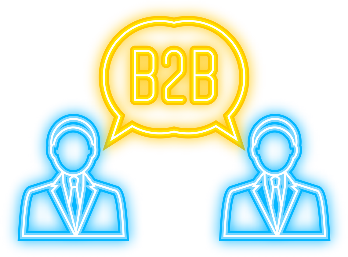 B2B sales person selling products. Neon icon. Business-to-business sales, B2B sales method. Vector illustration