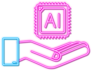 Artificial Intelligence landing page. Ai neon icon with hand